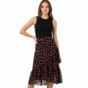 ANN TAYLOR black with red and pink hearts asymmetric tiered chiffon skirt Size 6